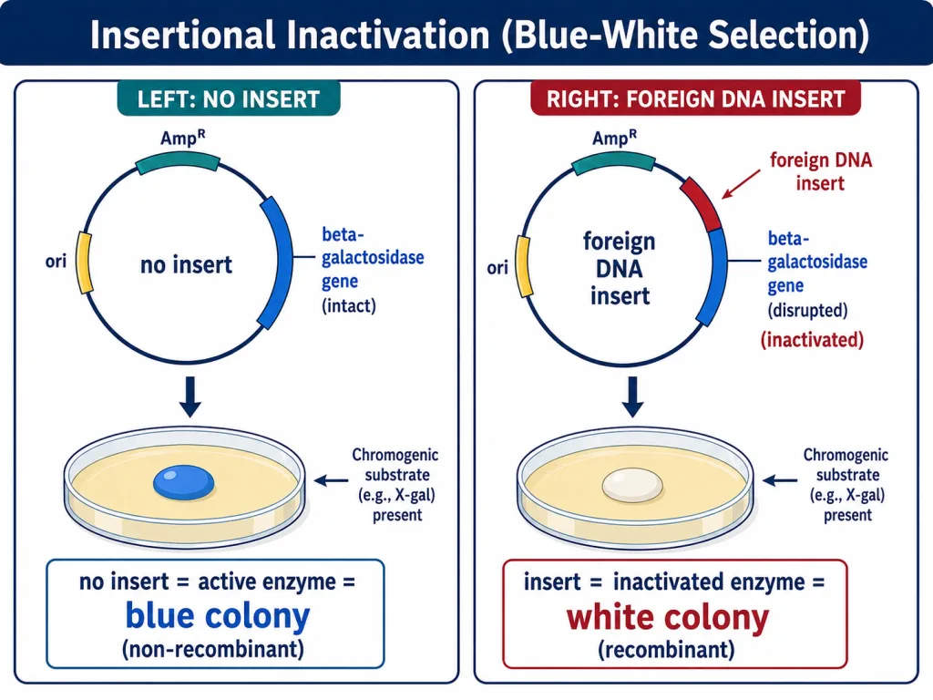 Insertional inactivation producing blue and colourless colonies