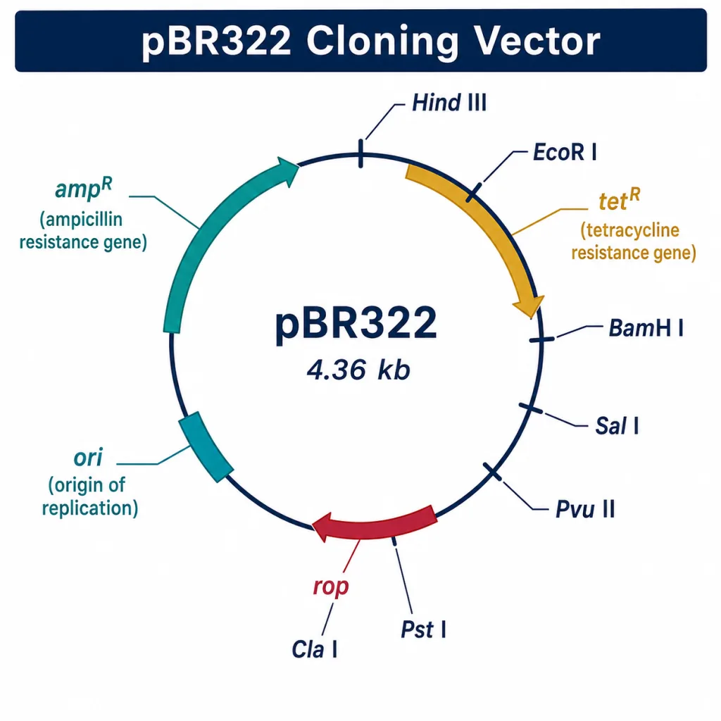 The E. coli cloning vector pBR322 with its marker genes and restriction sites