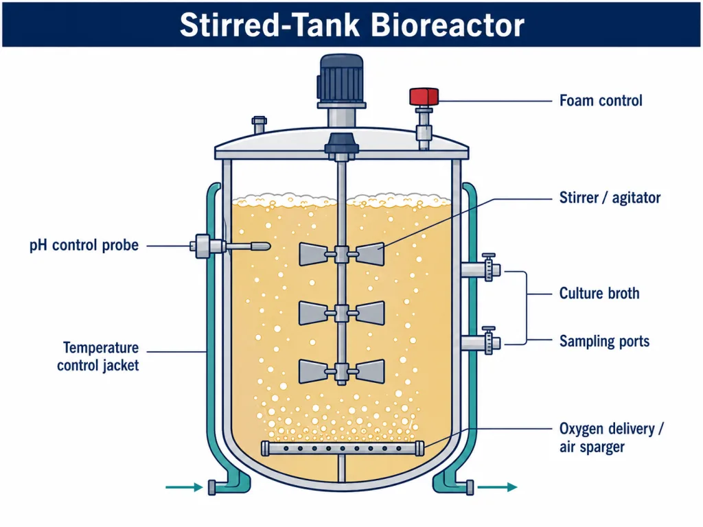 A stirred-tank bioreactor with agitator, oxygen delivery and control systems