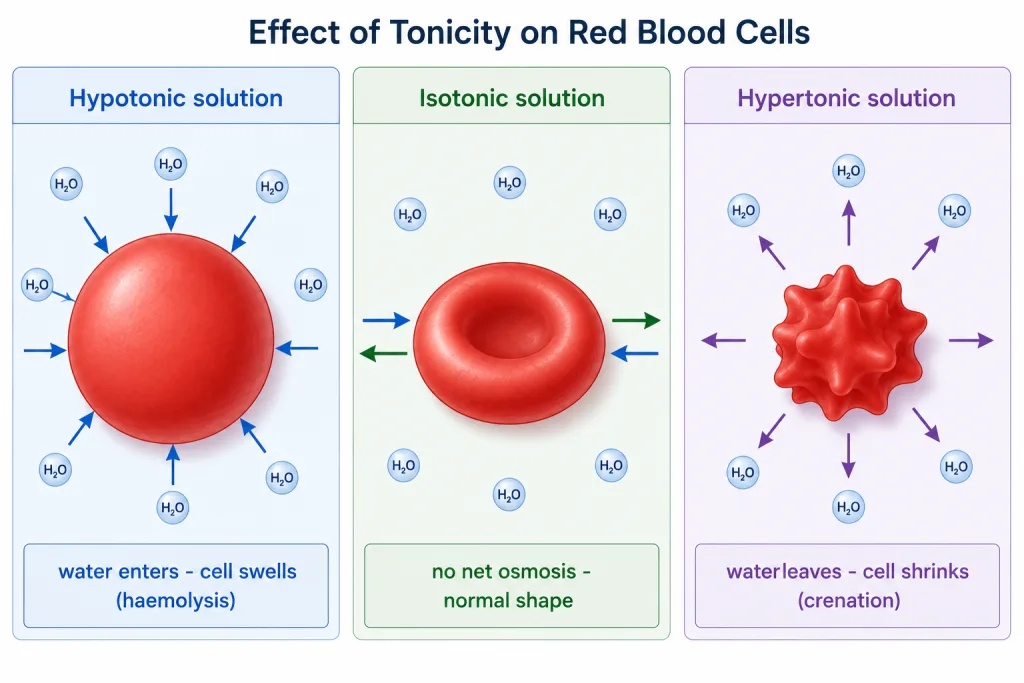 Cell in hypotonic, isotonic and hypertonic solutions