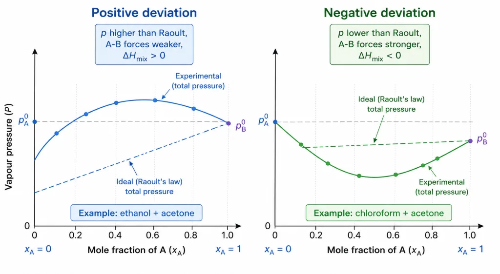 Positive and negative deviation vapour pressure curves