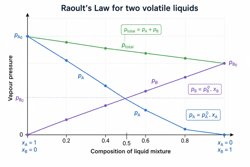 Raoult law vapour pressure versus composition plot
