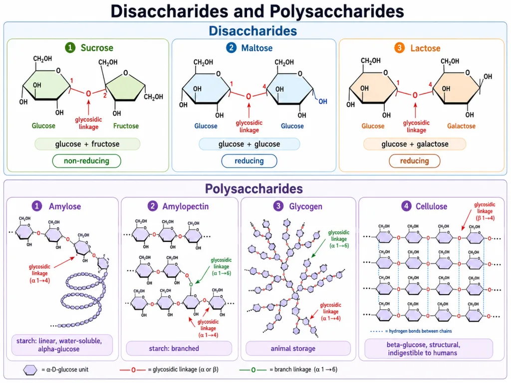 Glycosidic linkage disaccharides and the polysaccharides starch glycogen and cellulose