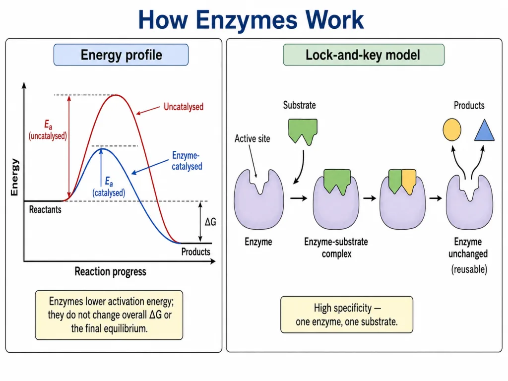 Enzyme lowering activation energy via lock-and-key model