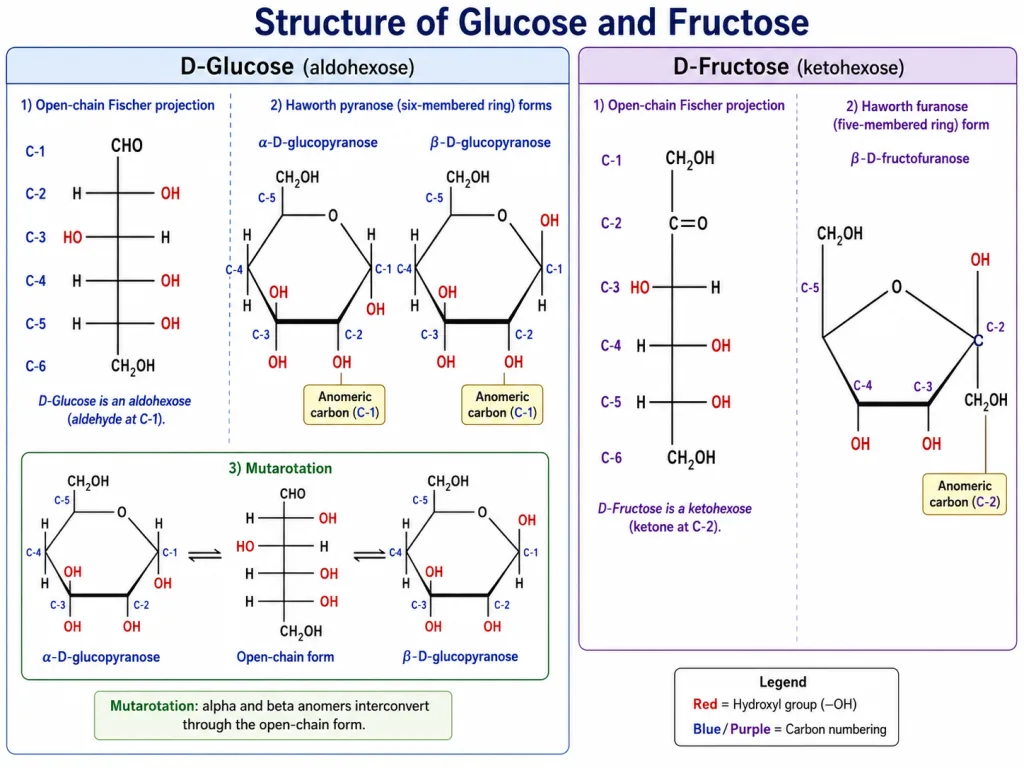 Open-chain and Haworth structures of glucose and fructose