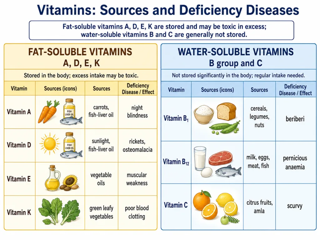 Vitamins classification with sources and deficiency diseases