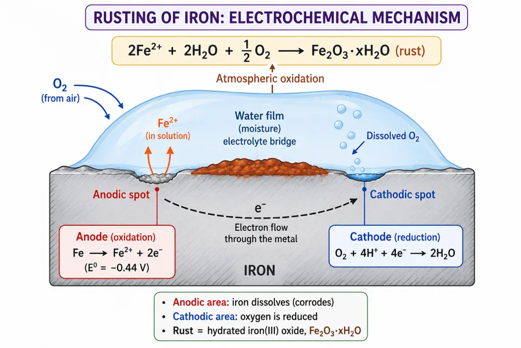 Electrochemical mechanism of iron rusting
