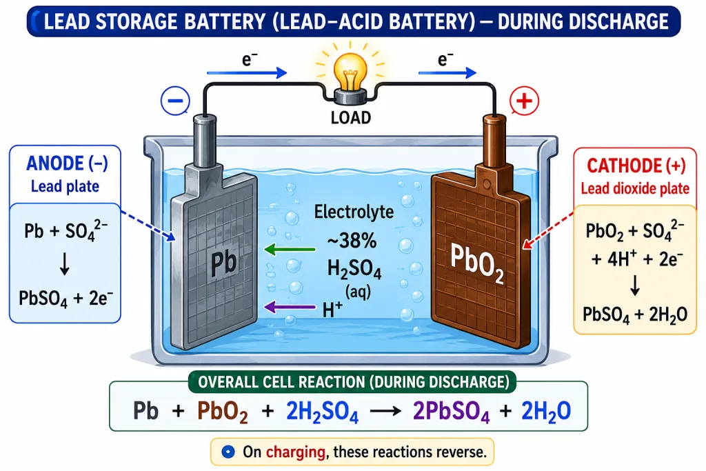 Lead storage battery discharge reactions