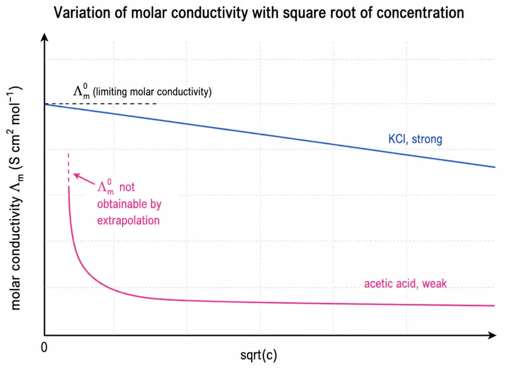 Molar conductivity versus concentration for strong and weak electrolytes