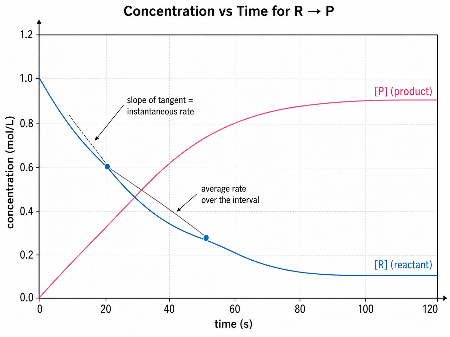 Concentration-time graph showing average and instantaneous rate
