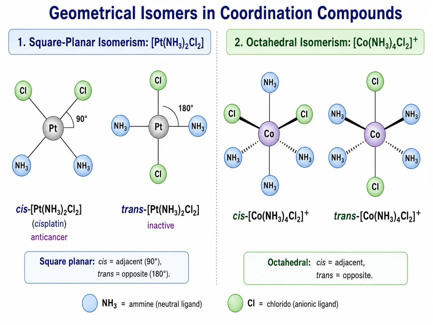 Cis and trans geometric isomers in square planar and octahedral complexes