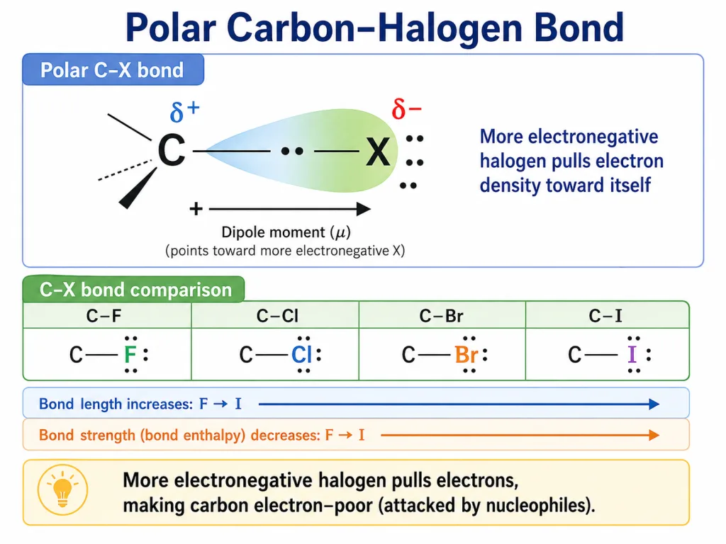 Polar carbon-halogen bond: partial charges, bond length and dipole trends
