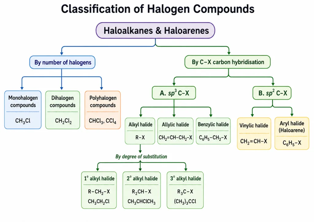 Classification tree of halides by halogen count and carbon hybridisation
