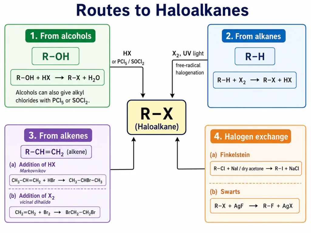 Routes to haloalkanes from alcohols, alkanes and alkenes