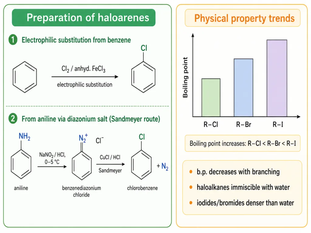 Haloarene preparation by Sandmeyer reaction and halide boiling-point trends