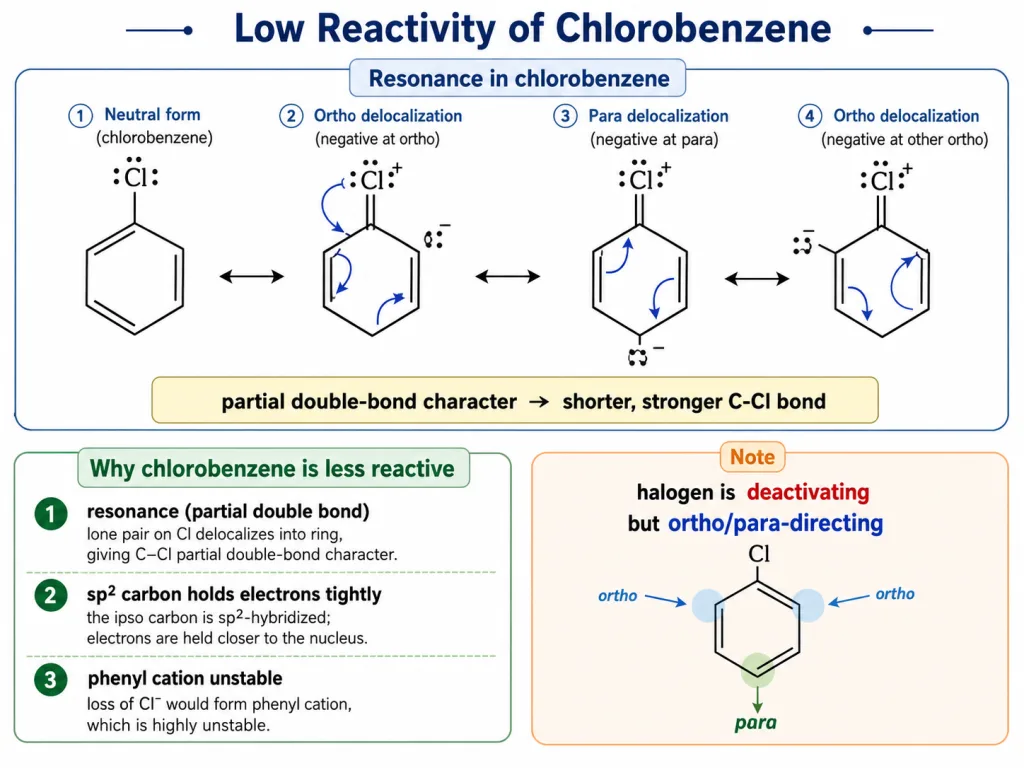 Chlorobenzene resonance explaining partial double-bond character and low reactivity