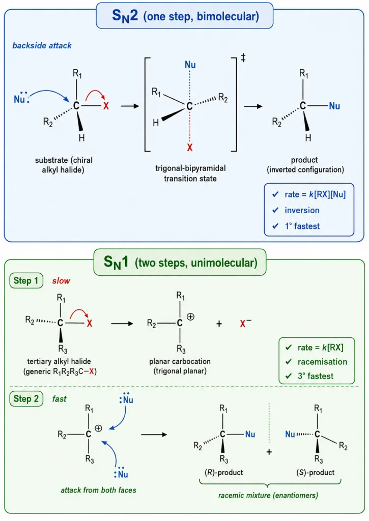 Comparison of SN2 backside attack and SN1 carbocation mechanisms