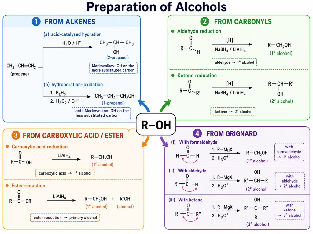 Preparation of alcohols from alkenes carbonyl compounds and Grignard reagents