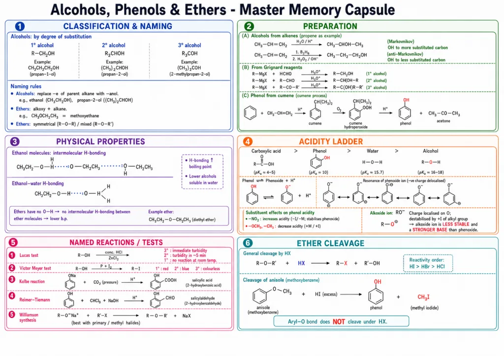 One-page revision capsule of alcohols phenols and ethers reactions