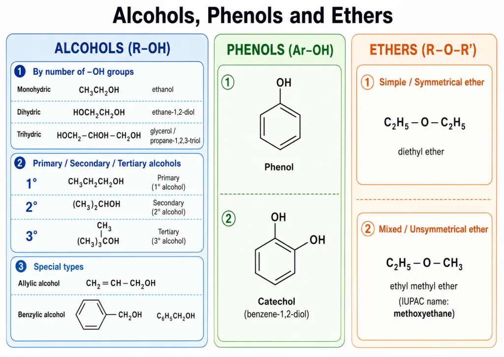 Classification chart of alcohols, phenols and ethers with examples