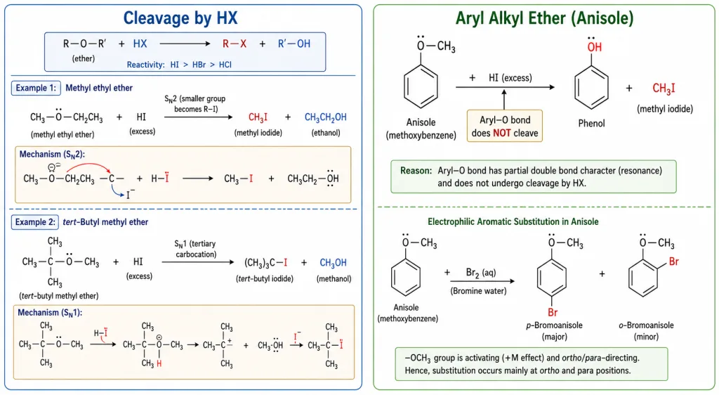 Cleavage of ethers by HX and electrophilic substitution of anisole