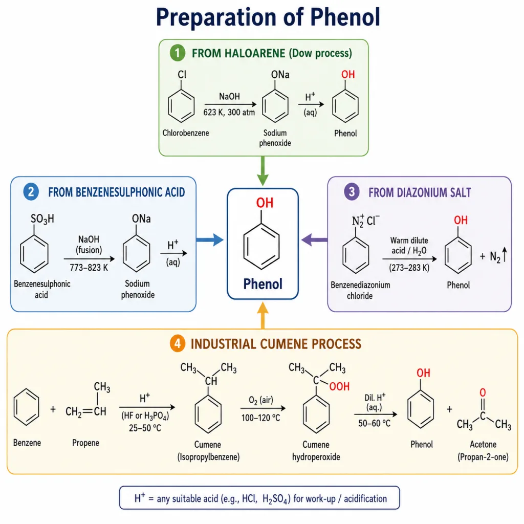 Routes to phenol from cumene, haloarene and diazonium salt