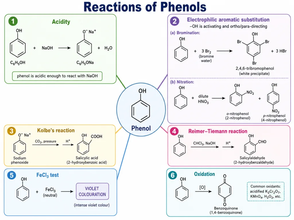 Phenol reactions: bromination, Kolbe, Reimer-Tiemann and FeCl3 colour test