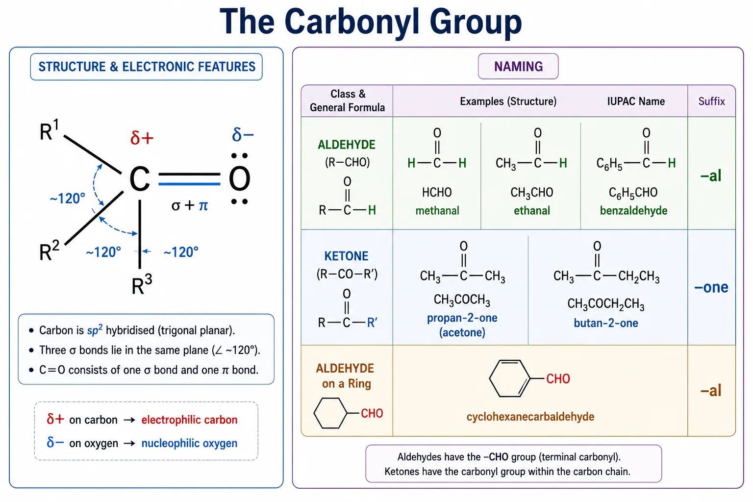 Structure, naming and polarity of the carbonyl group