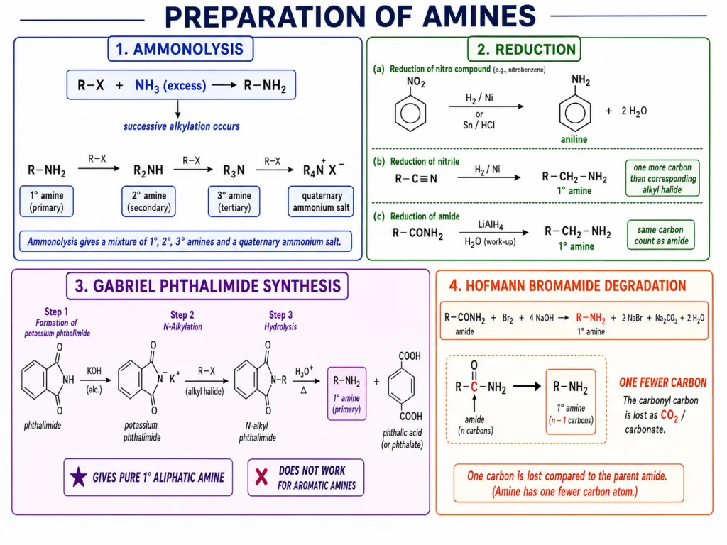 Preparation of amines by ammonolysis, Gabriel and Hofmann bromamide