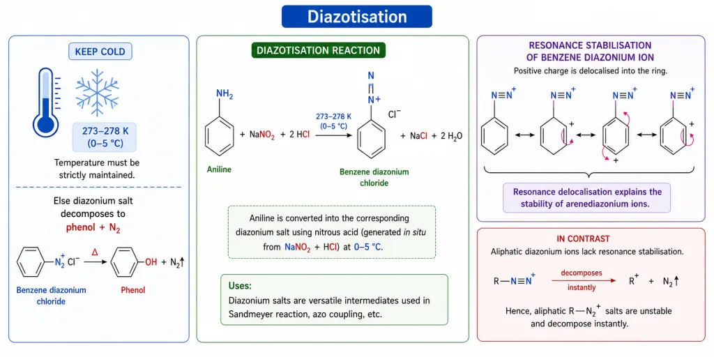 Diazotisation of aniline to benzene diazonium chloride at low temperature
