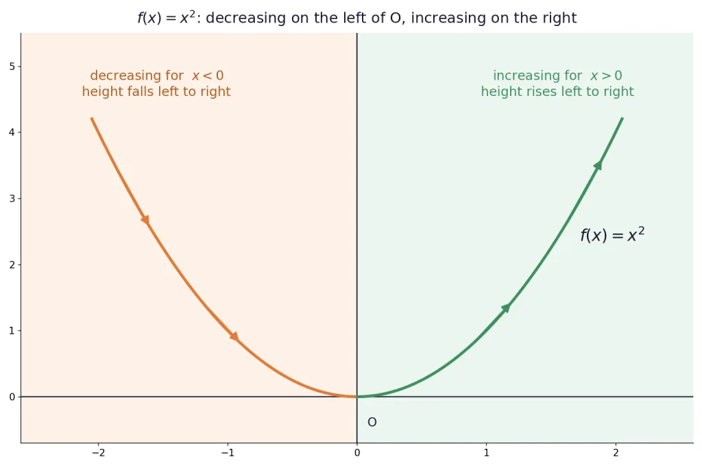 Parabola of x squared showing decreasing left branch and increasing right branch