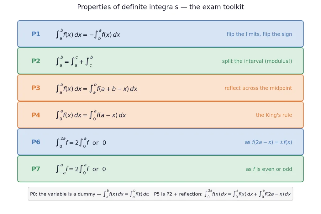 Card listing properties P0 to P7 of definite integrals