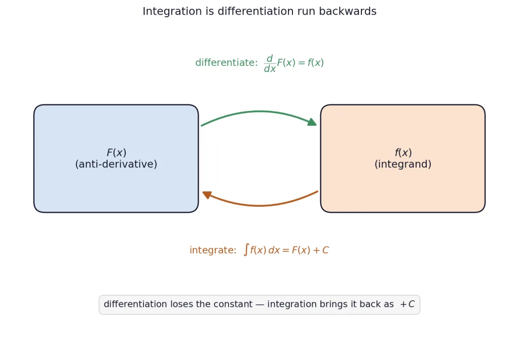 Diagram of differentiation and integration as inverse processes between functions