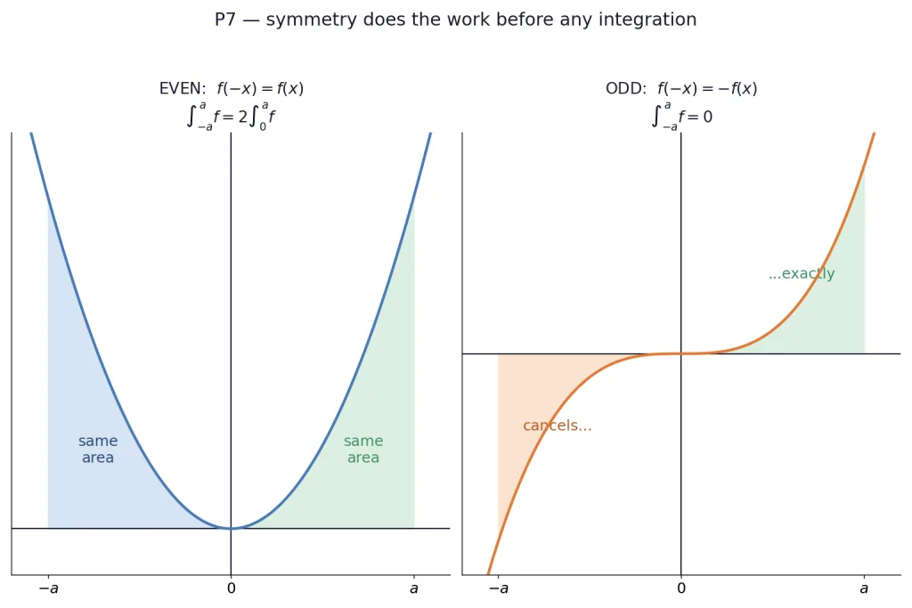 Even function with equal areas and odd function with cancelling areas on symmetric interval