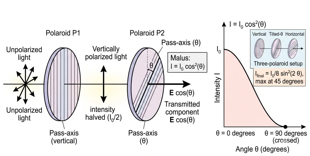 Unpolarised light through polaroids and Malus law intensity variation