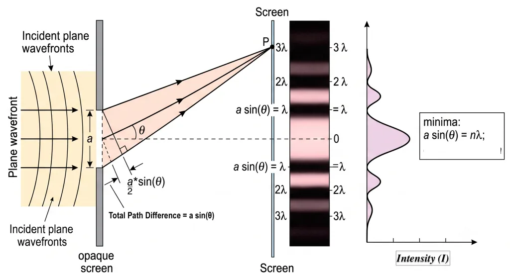 Single slit diffraction geometry and intensity pattern with central maximum