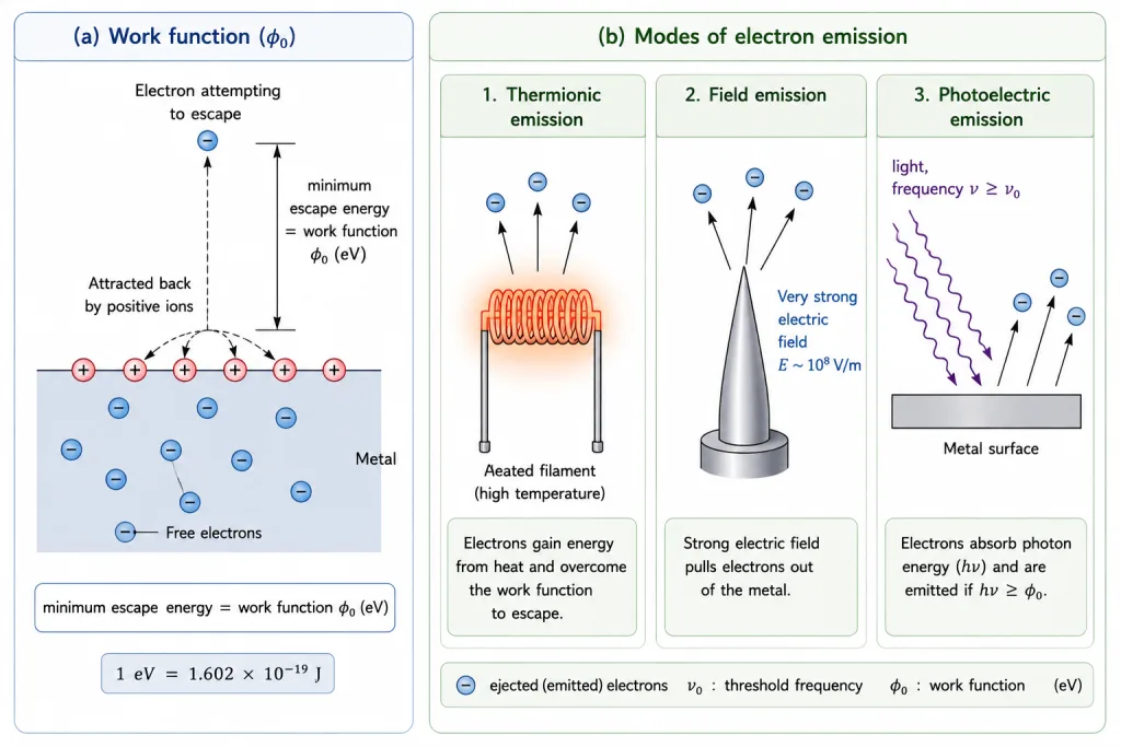 Electron emission modes and work function