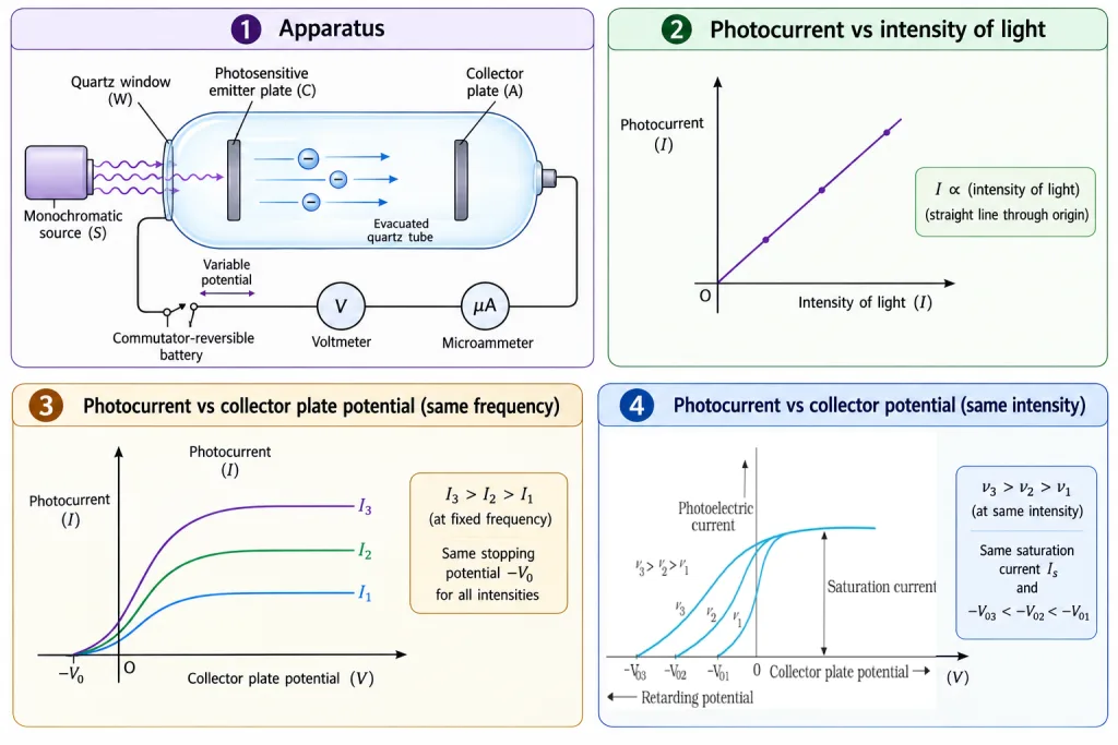 Photoelectric effect experiment and its three graphs