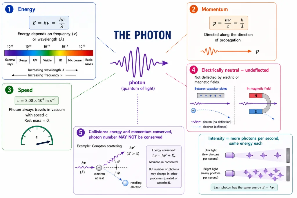 Photon properties energy momentum and collisions