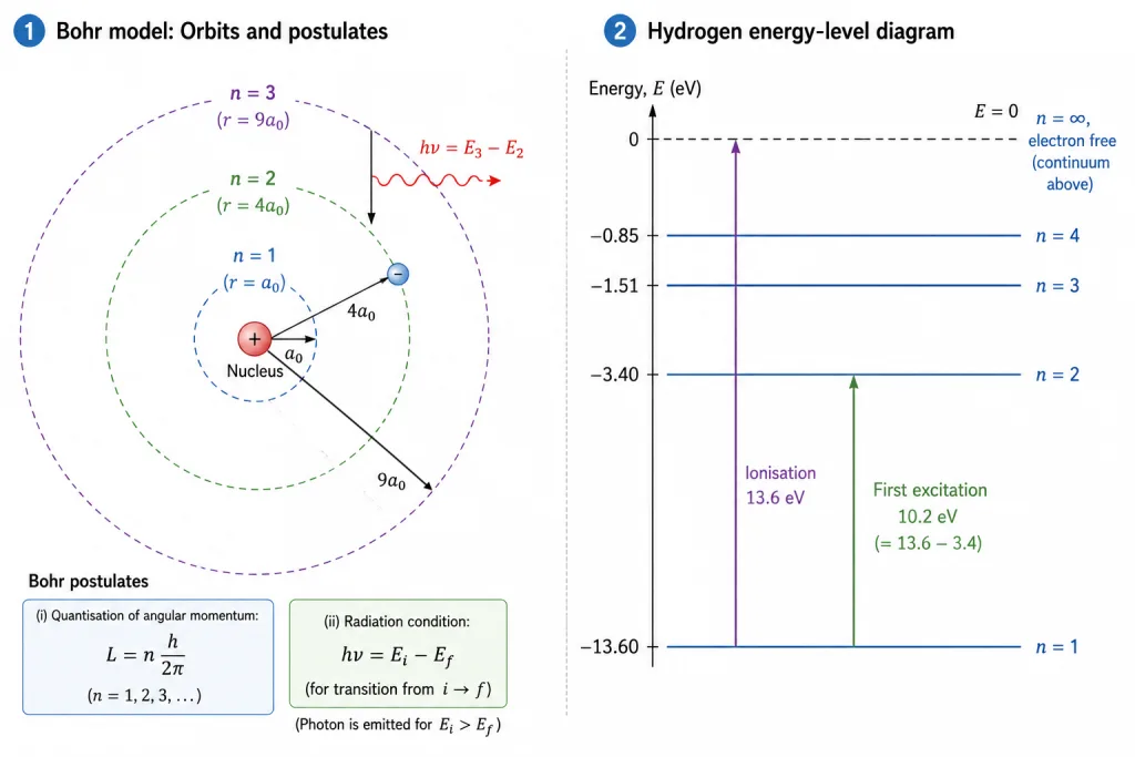 Bohr postulates orbits and hydrogen energy level diagram