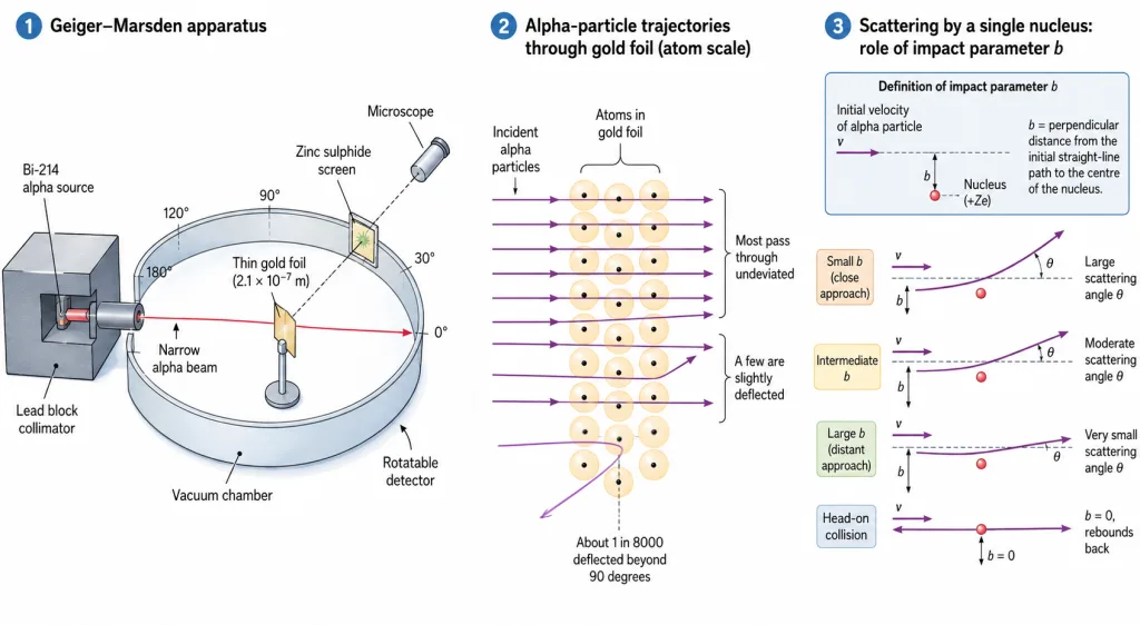 Geiger-Marsden alpha scattering experiment schematic