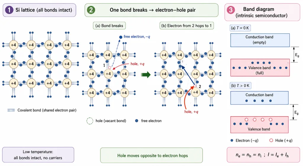Intrinsic silicon bonds electrons and hole motion