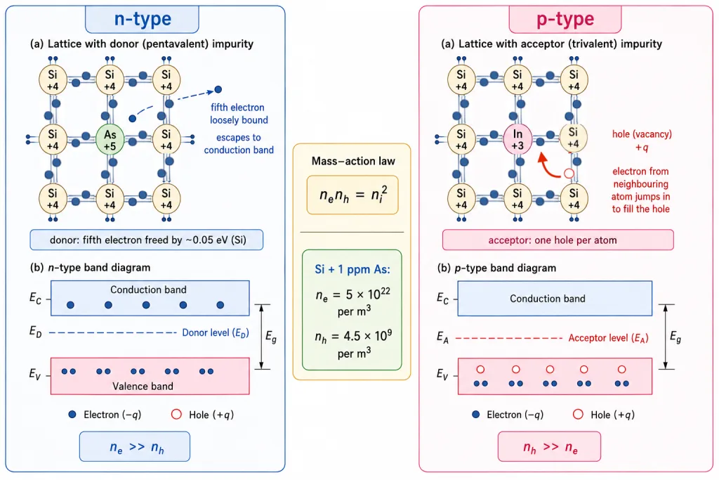 Pentavalent and trivalent doping giving n-type and p-type