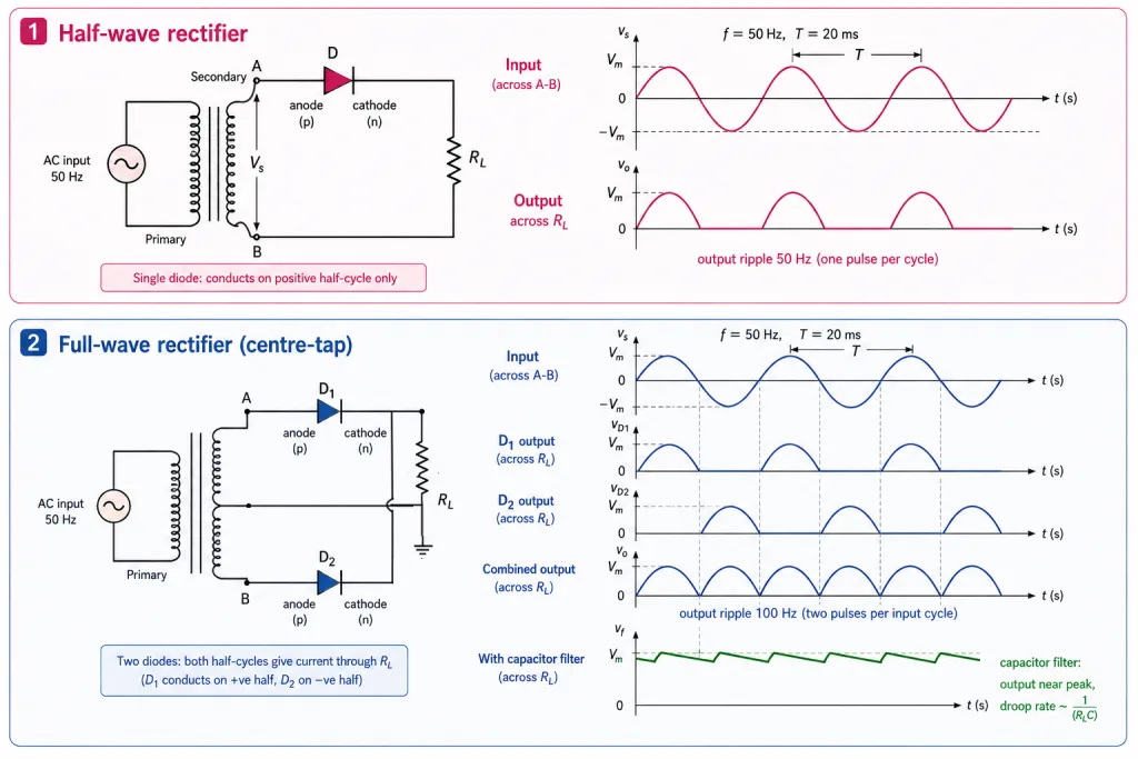 Half-wave and full-wave rectifier circuits with waveforms