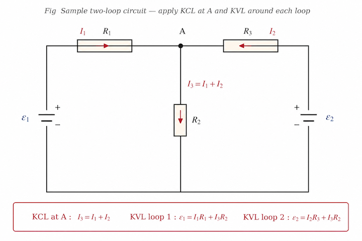 A two-loop network with two EMF sources and three resistors, loop currents I1 and I2 labelled, used as a worked example of Kirchhoff's rules.