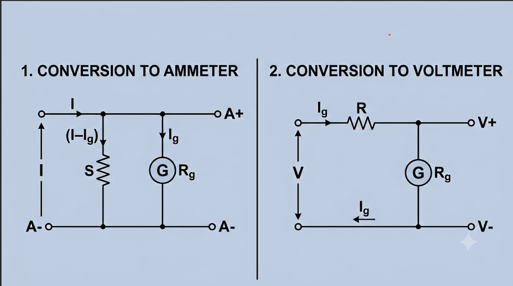 Two side-by-side clean circuit diagrams illustrating galvanometer conversion.