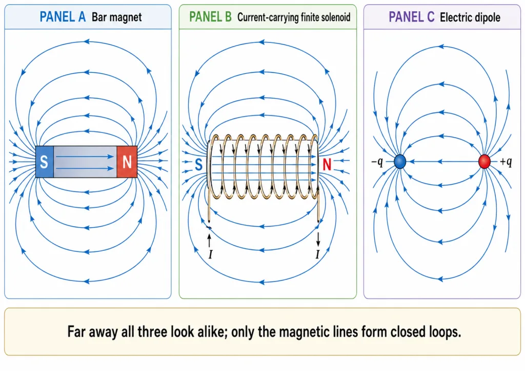 Field lines of bar magnet, solenoid and dipole