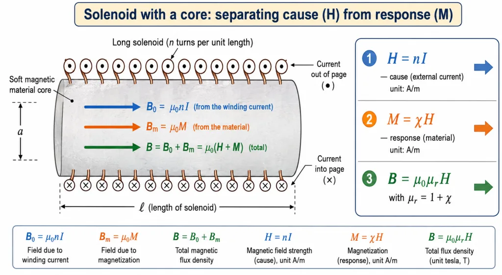 Solenoid with magnetic core showing field contributions