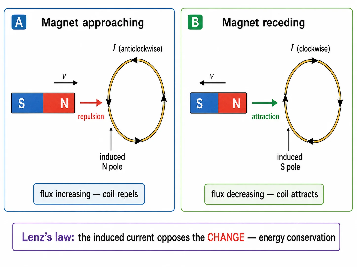 Induced current for approaching and receding magnet