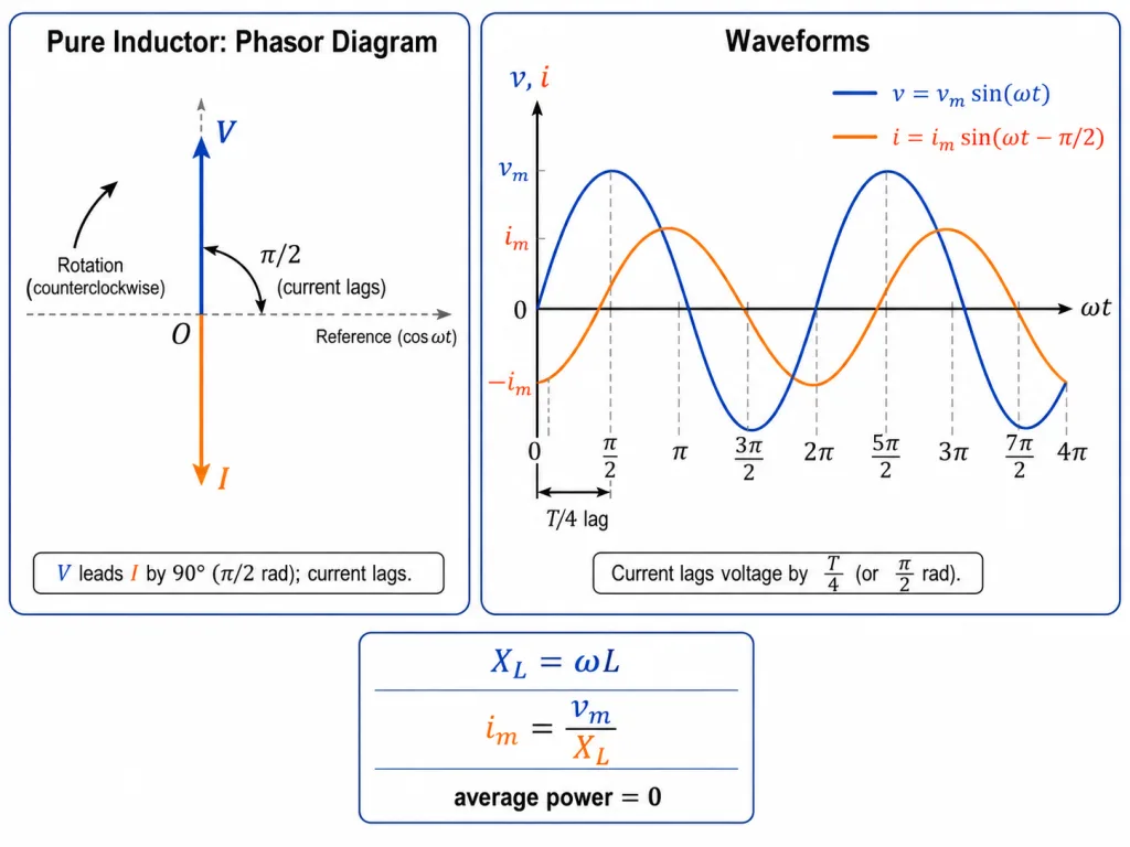 Phasor diagram and waveforms for AC through a pure inductor